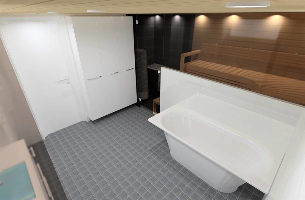 Saunatohtorin toteuttama 3D-suunnitelma kylpyhuoneesta, jossa on amme