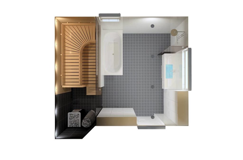 Saunatohtorin toteuttama 3D-suunnitelma kylpyhuoneesta ja saunasta ylhäältä kuvattuna