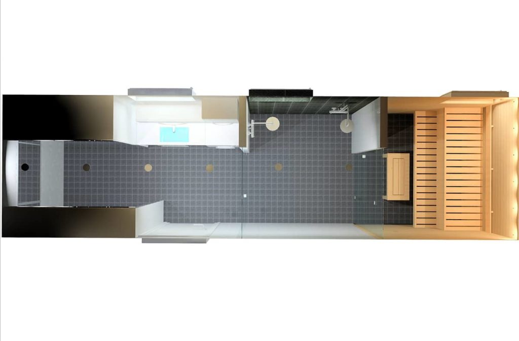 Saunatohtorin toteuttama 3D-suunnitelma kylpyhuoneesta ja saunasta ylhäältä